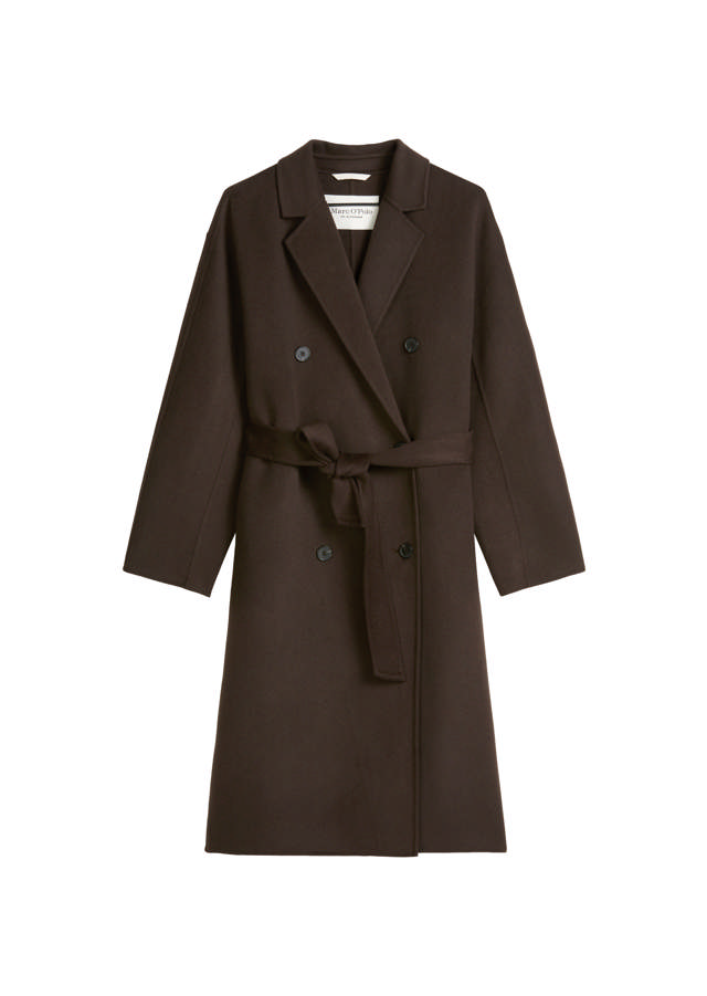 Tvíhneppt tvíofin ullarkápa með belti í mitti og klassískum kraga