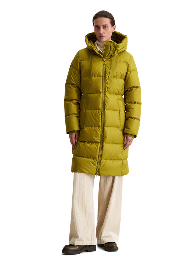 Coat, down filled, with hood, welt pockets