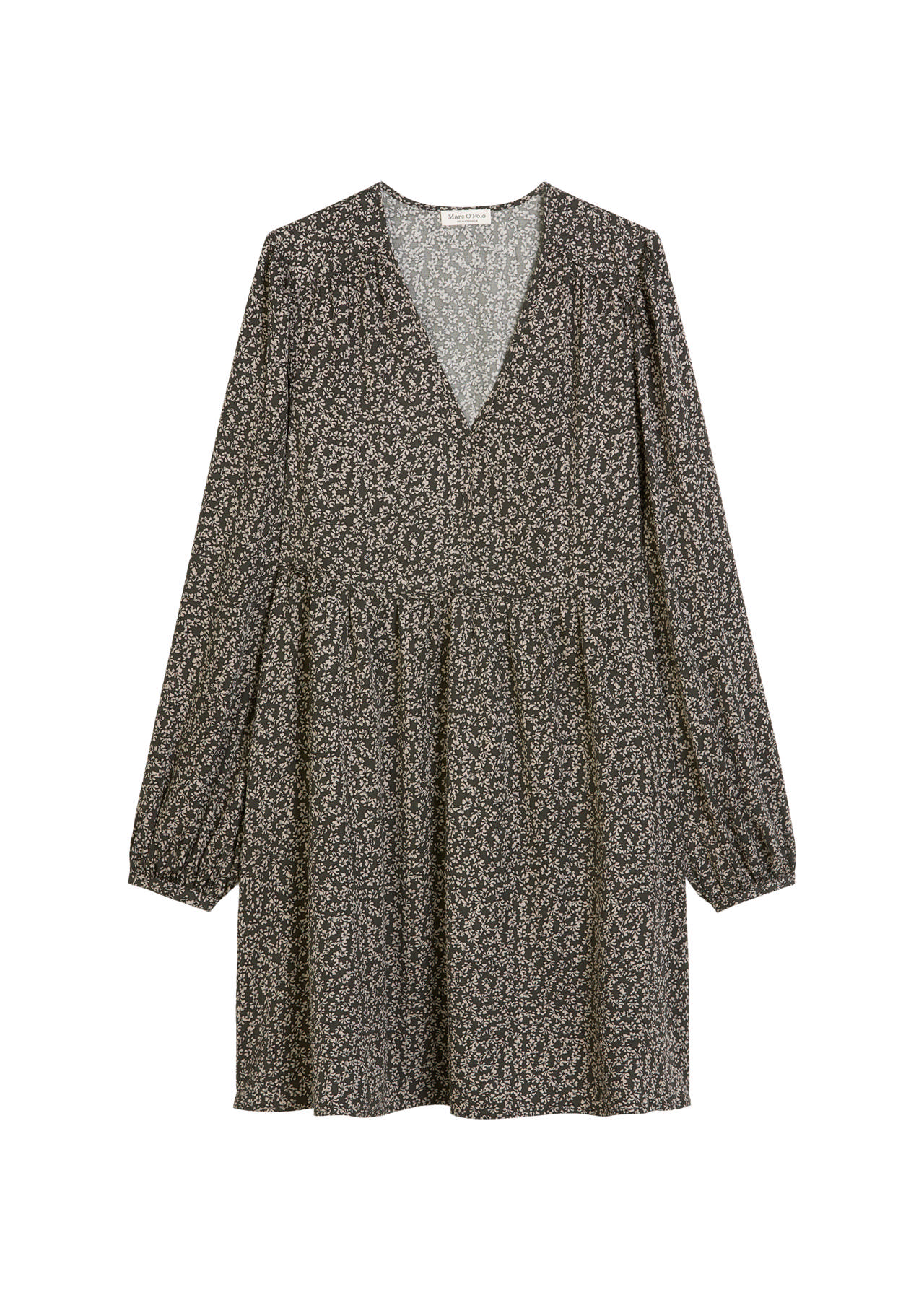 Munstraður kjóll, með víðu pilsi, millisídd V-hálsmál