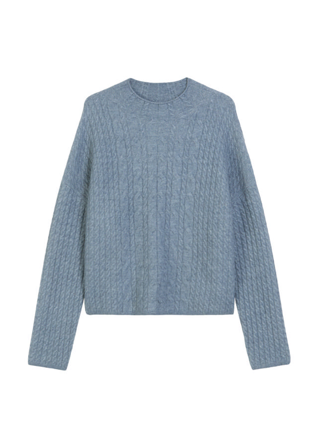 Gróf ullarpeysa með kaðlamynstri, síðar ermar og hár kragi