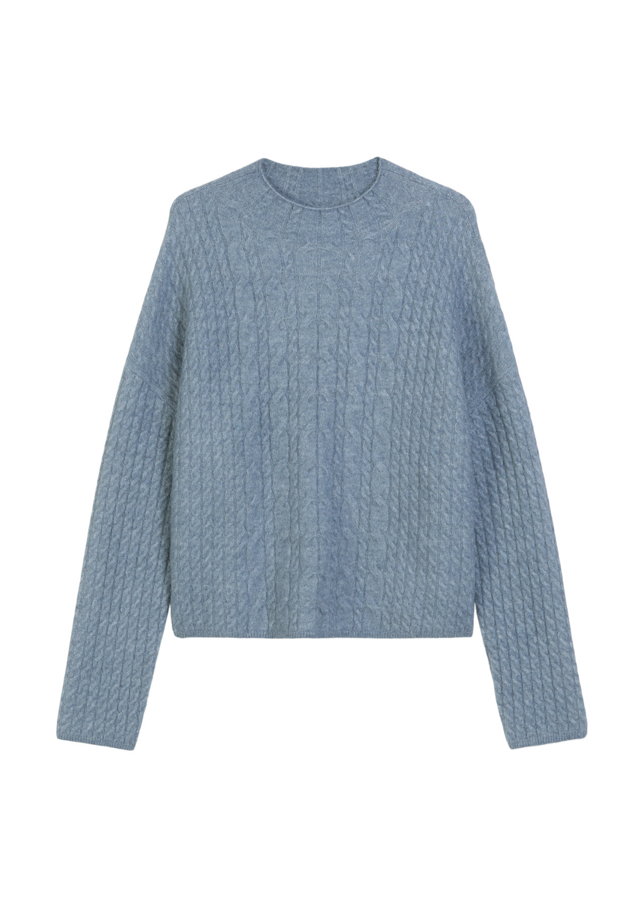 Gróf ullarpeysa með kaðlamynstri, síðar ermar og hár kragi