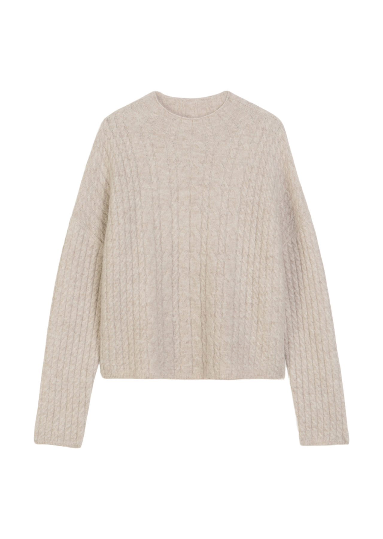 Gróf ullarpeysa með kaðlamynstri, síðar ermar og hár kragi