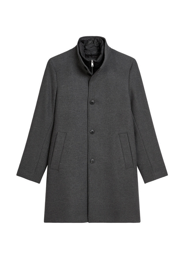 Ullarfrakki með vindheldri hönnun og standkraga sem hægt er að hneppa úr