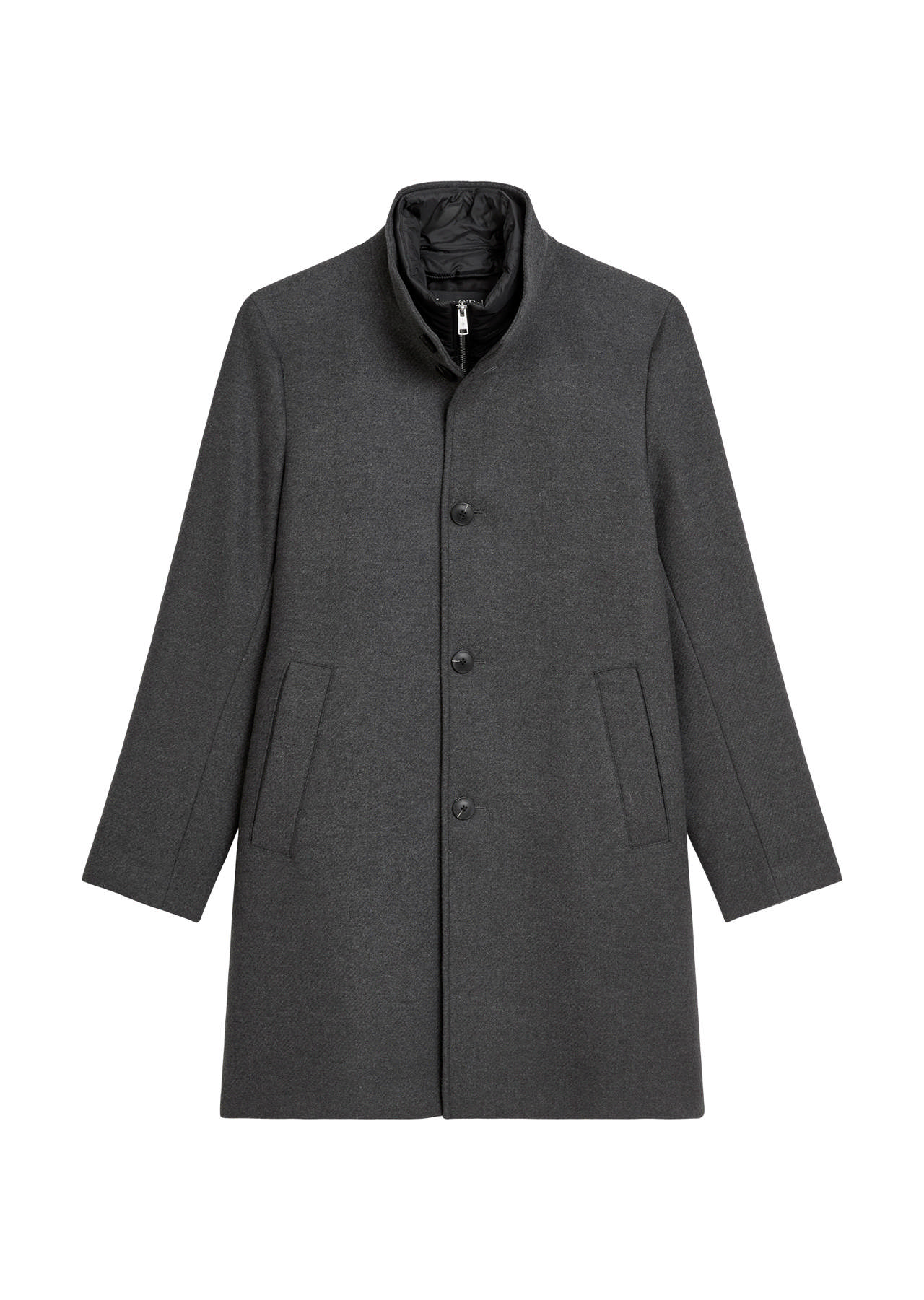 Ullarfrakki með vindheldri hönnun og standkraga sem hægt er að hneppa úr