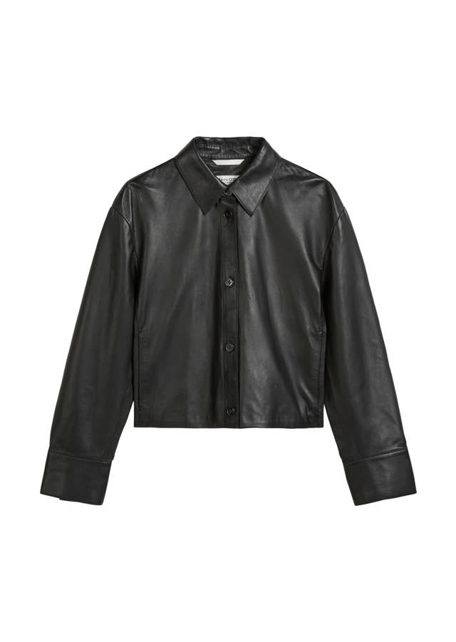 Leðurskyrta með síðum ermum og ermalíningum